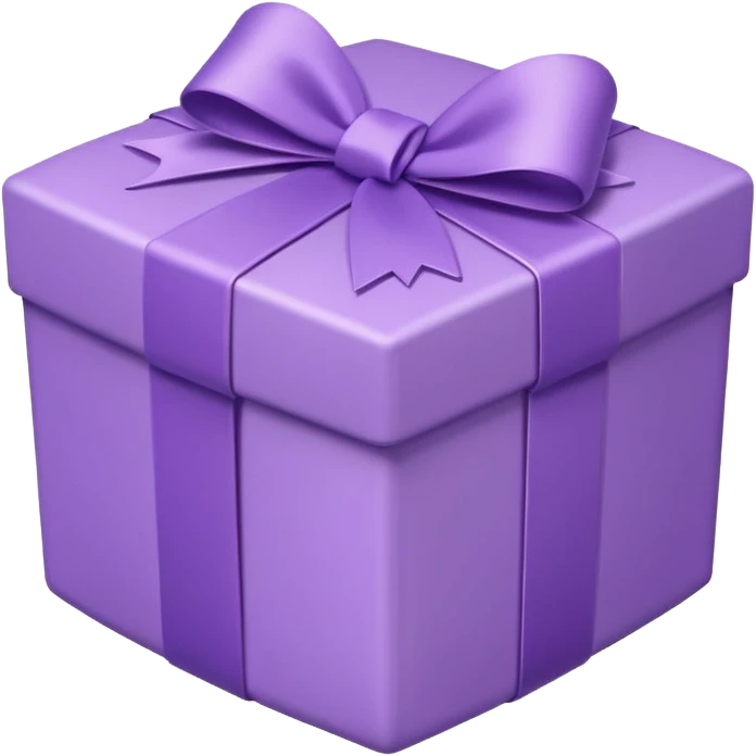 A cute emoji-style illustration of a purple gift box with a ribbon, pastel purple tones, rounded shape, kawaii style, simple clean lines, soft shading, minimal details, centered composition, transparent background emoji