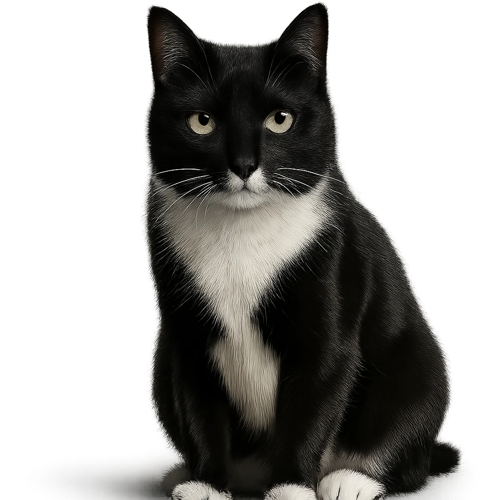 realistic tuxedo cat with green eyes, alert expression, photorealistic emoji