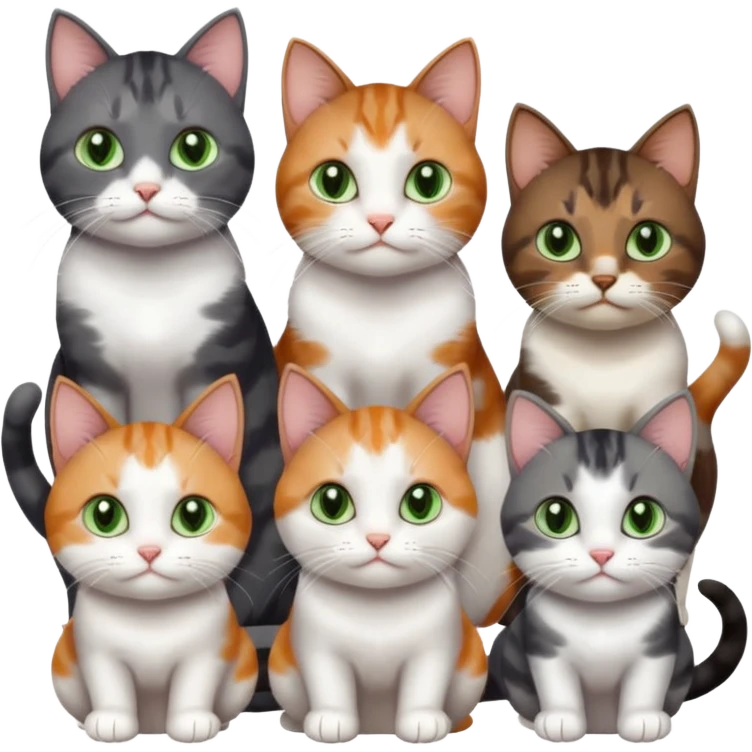 6 different coloured small cats including a dark grey and white, and a patchy calico, and a brown tabby and white,  and a completely solid dark grey with green eyes and only white paws emoji