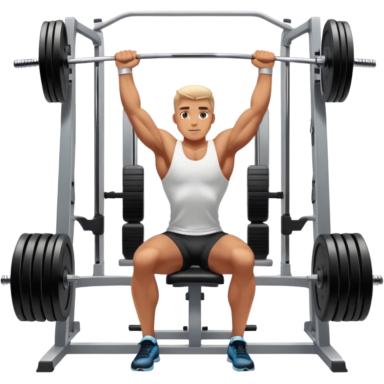 A focused athlete working out on a strength training machine in a modern gym. Muscles engaged, expression determined, demonstrating power and endurance. The gym is filled with equipment like dumbbells, barbells, and mirrors reflecting effort, creating a high-energy atmosphere. emoji