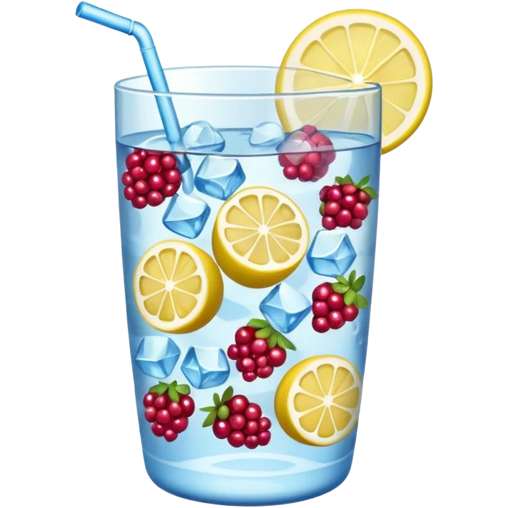 tumbler of water filled with berries, lemon slices, and ice cubes, emoji style emoji