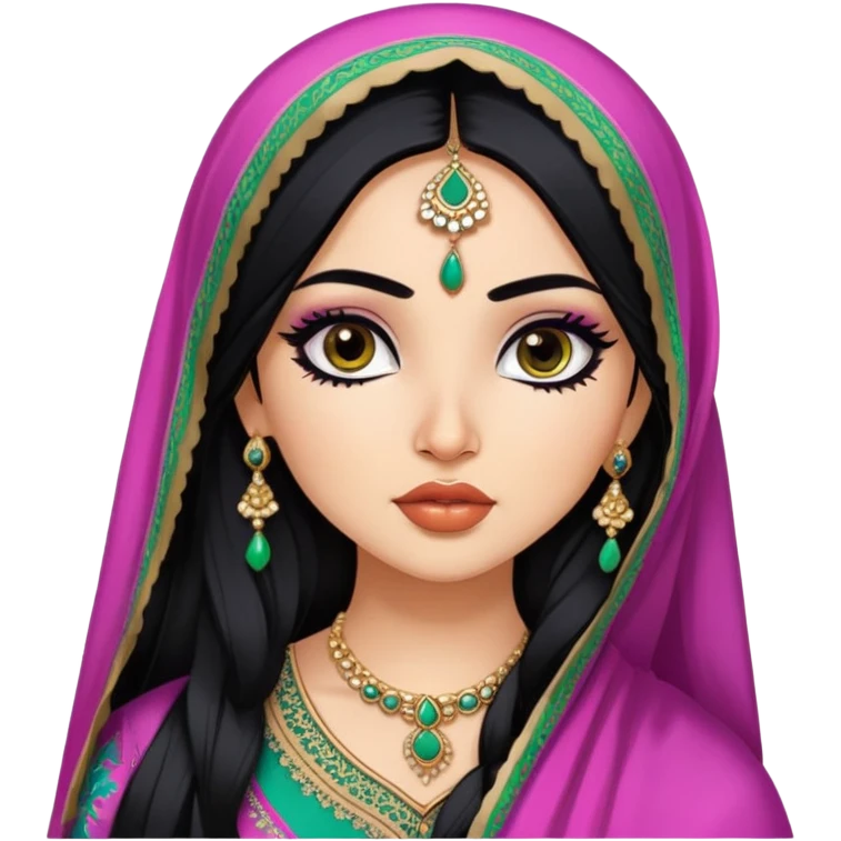 Indian nose, pretty lips, pakistani clothes, fair skin,  long black hair, dupatta, pretty bratz baddie, black eyeliner emoji
