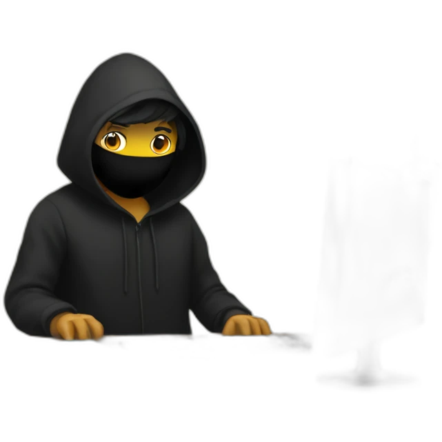 Developer with a black hood behind his computer and focus on his code  emoji