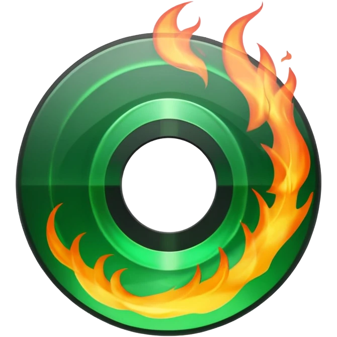 A minimalist CD disc with a subtle fire design, green flames emoji