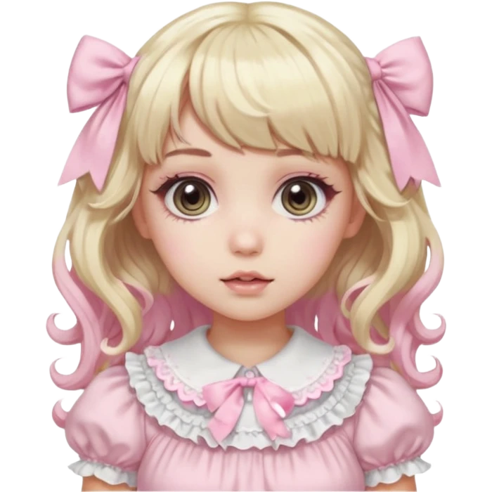 pale girl , who has curly medium length blonde and baby pink swirled hair with bangs , grey eyes , and doll like makeup , in a light pink lolita hime gyaru dress emoji | AI Emoji Generator emoji