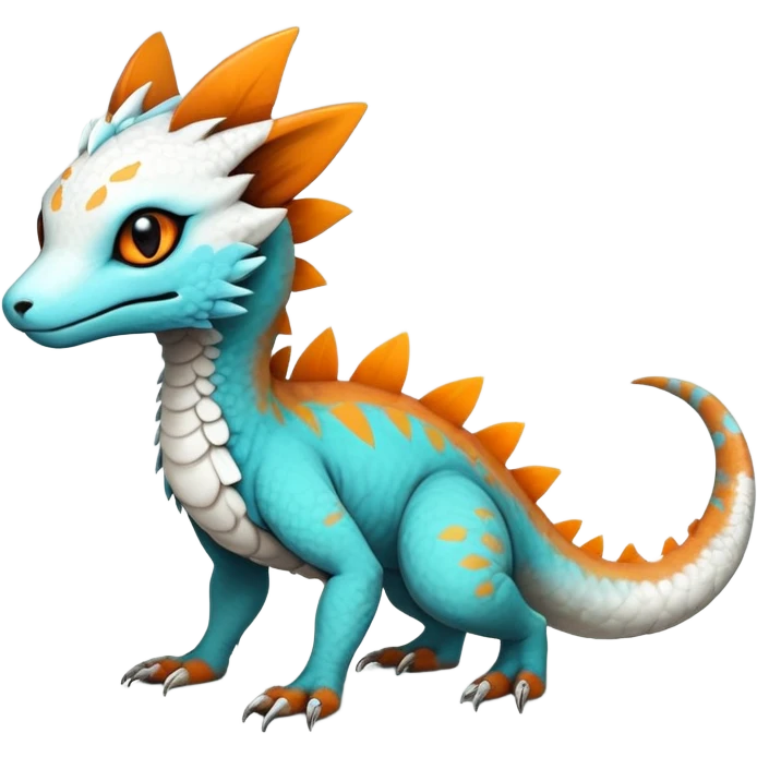 Rare realistic exotic cute white gloomy whitish and orange and cyan epic pretty beautiful handsome gorgeous aesthetic colorful vibrant Vernid-Trico-species-Fakemon-Salandit-hybrid-creature by LiLaiRa, 4 legs, 1 tail, random markings, (full body) emoji