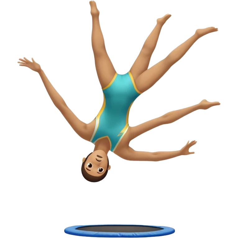 An athletic person soaring high above a trampoline, executing an acrobatic flip with perfect form. The scene captures motion and energy, with a dynamic pose, stretched limbs, and a focused expression. The background suggests a professional trampoline arena with safety padding. emoji