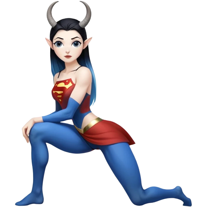 Art of a human white woman's sexy body scheme anatomy-very long and straight black to blue hair ombre with tiny goat antlers-leanimg back-on knees-superman-standing on her right emoji