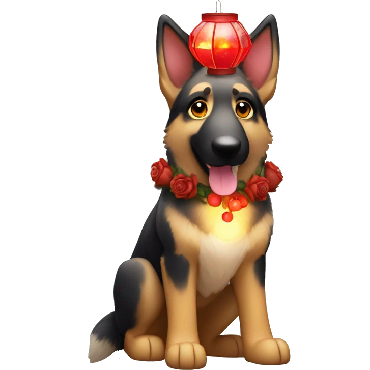 Brindled German shepherd fox carrying glowing red lantern, fairy lights, rose flower crown emoji