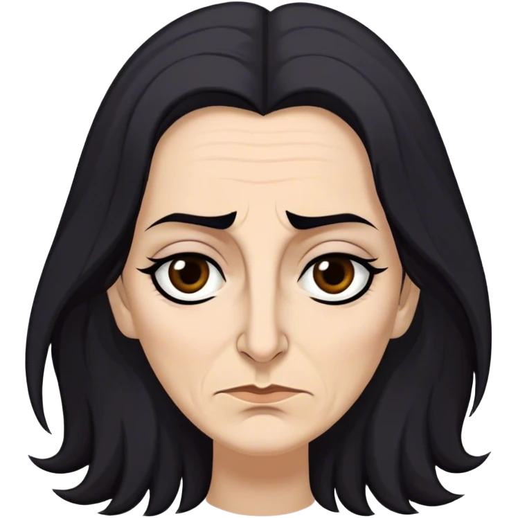 Mirri Maz Duur is a weathered, age 50 woman with deep-set dark eyes, high cheekbones, and a sharp nose, giving her a stern, knowing expression. Her long, unkempt dark hair  falls loosely over her shoulders emoji