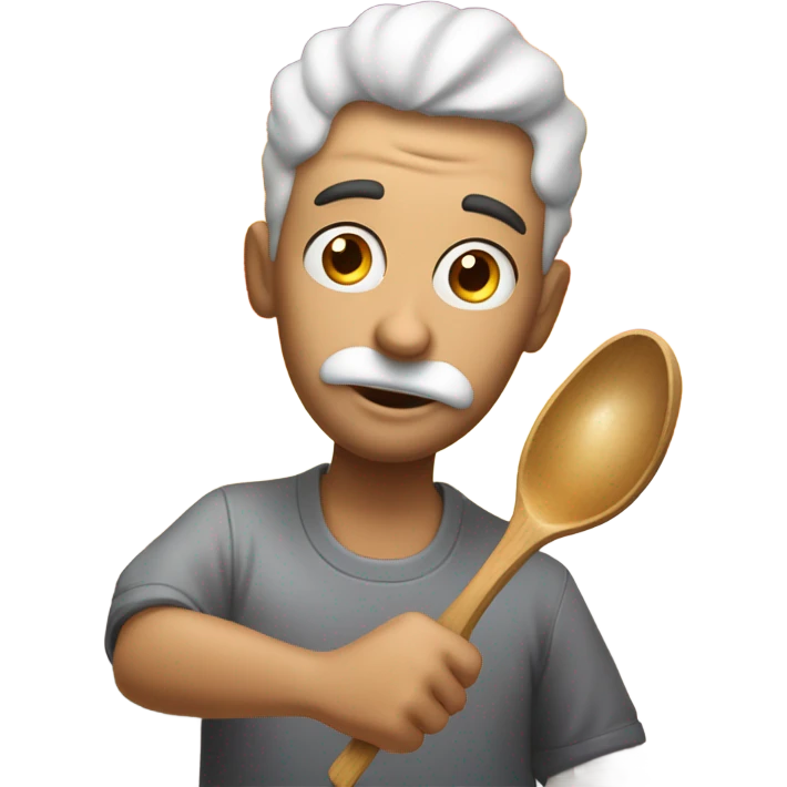 A guy with a spoon in his lips with sugar and fire on top emoji