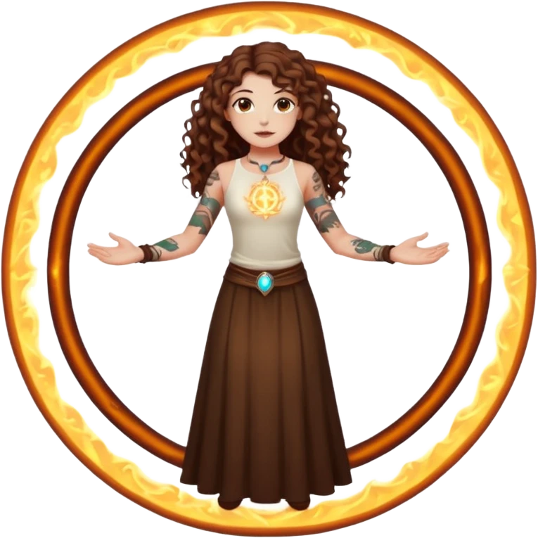 full body view of a woman with long curly brown hair, brown eyes, white skin, tattoos, fake innocent pose while standing inside a glowing spell circle emoji