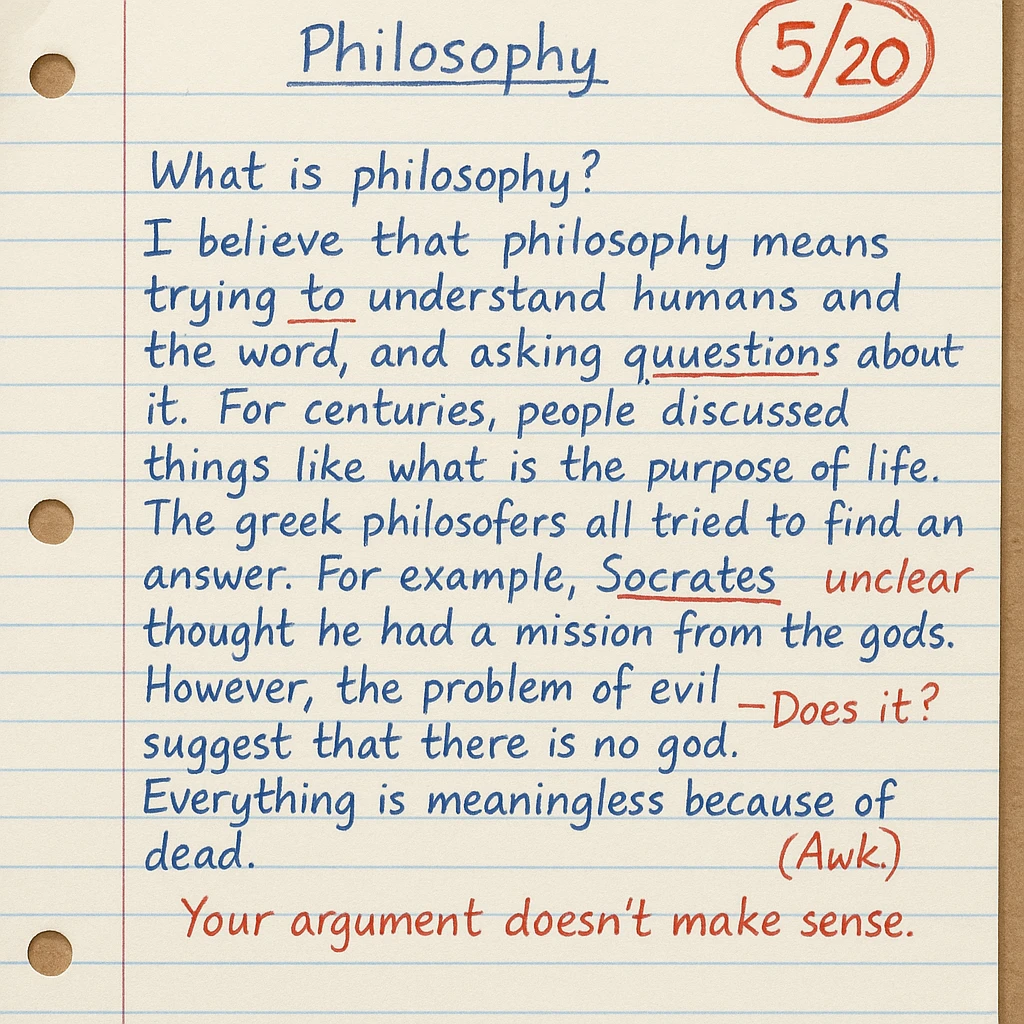 handwritten high school philosophy assignment, blue ink, lined paper, grade 5/20 circled in red at top right, teacher's feedback in red, some underlined mistakes emoji