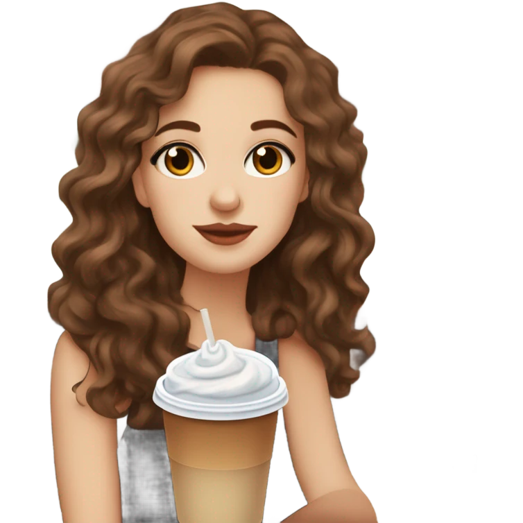 aesthetic white girl with brown wavy hair and brown eyes sipping an iced americano in a cute coffee shop  emoji