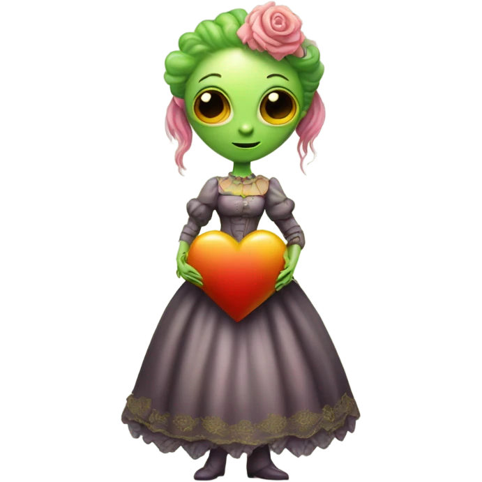 a green alien woman in Victorian orange and jellow dress, pink hair,holdig, red big hearth, full body emoji