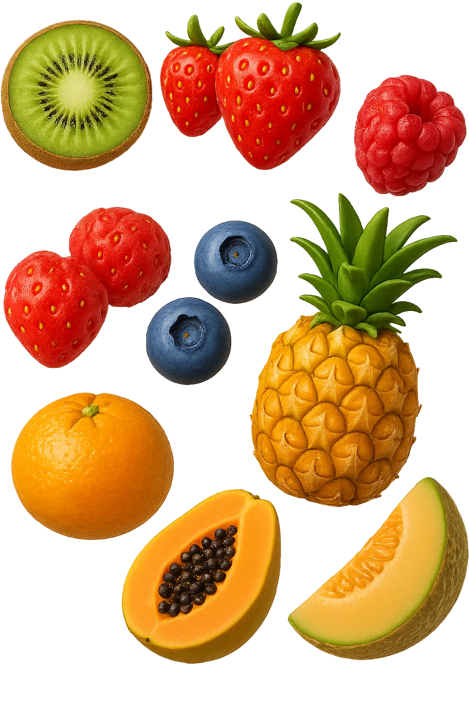 emoji stile iphone 3d di kiwi, fragole, lamponi, mirtilli, ananas, mandarini, papaya, melone cantalupo
 che fluttuano in aria, iperealistico 4k emoji