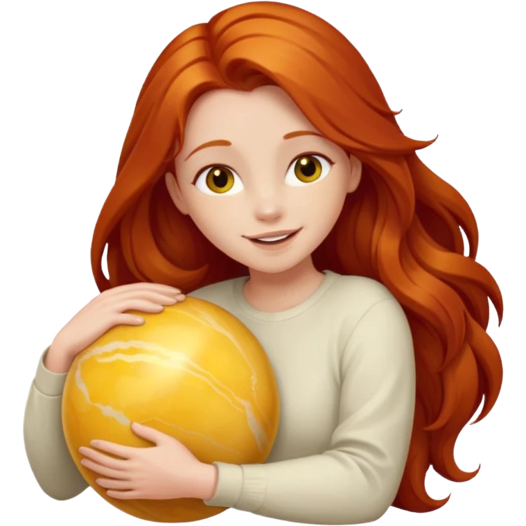 Happy long haired redhead hugging big yellow marble emoji