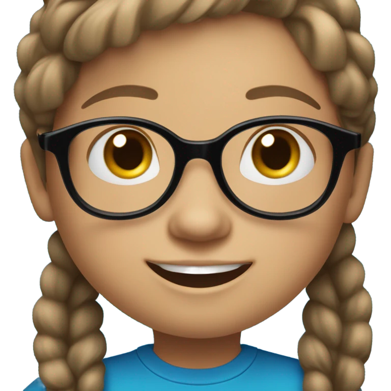 Little Girl, white skin, bronze hair smile tutor black frame glasses, bright blue t shirt emoji