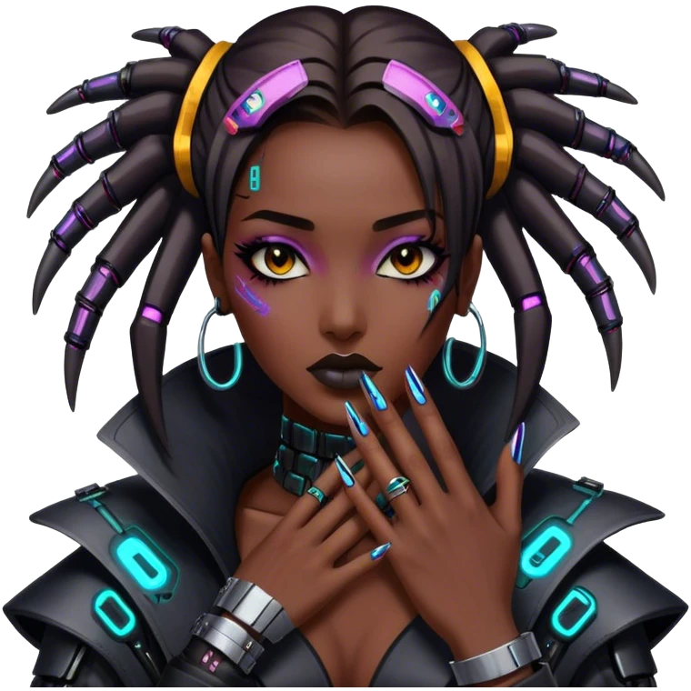 cyberpunk style neon 
manicure with long nails shows fak emoji
