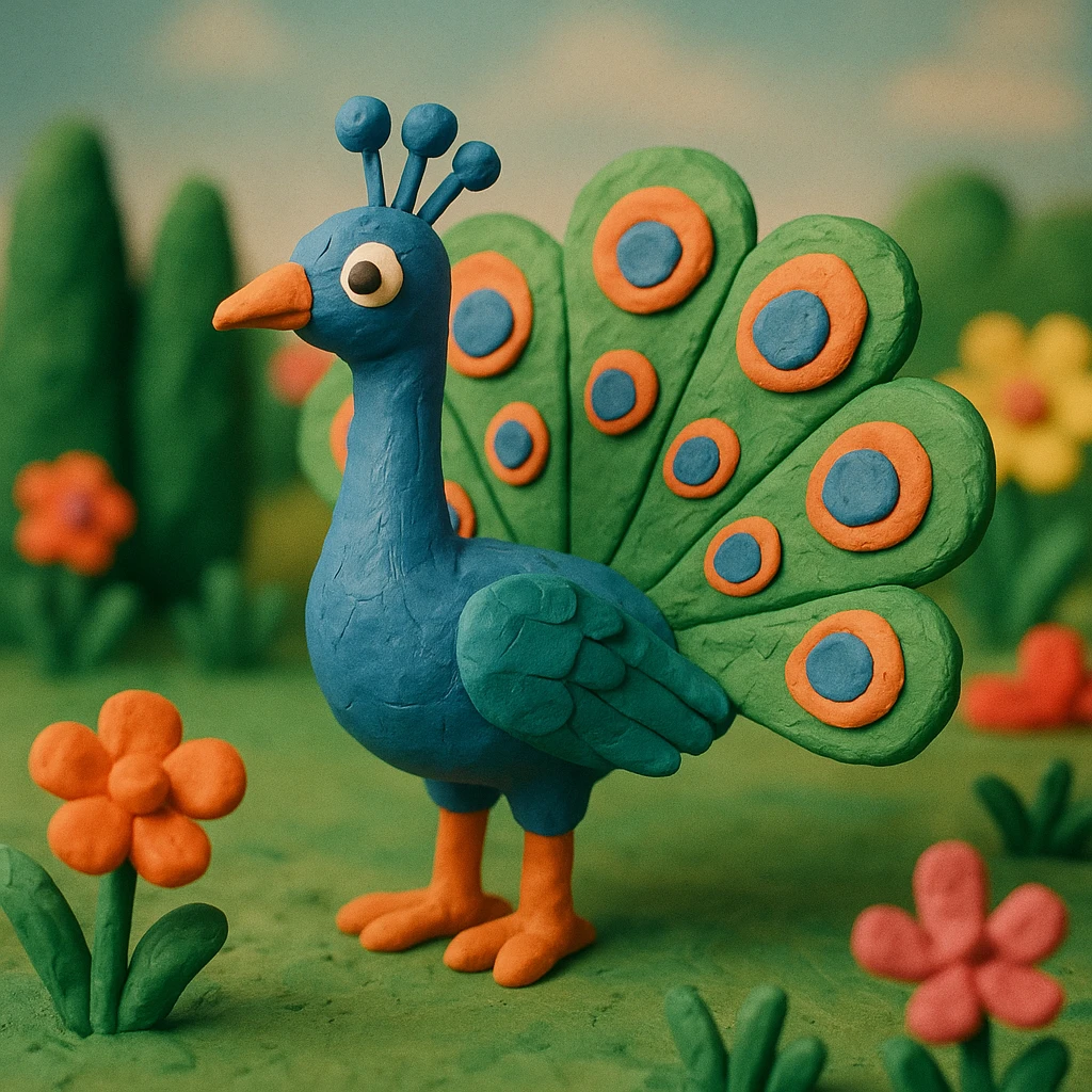 peacock standing in a garden, playful and vibrant, textured look, claymation style emoji
