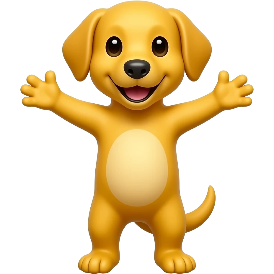 A completely yellow dog, standing up with legs and arms open like a little person, looking at us with a very happy expression. Its body is completely yellow like the sun. emoji