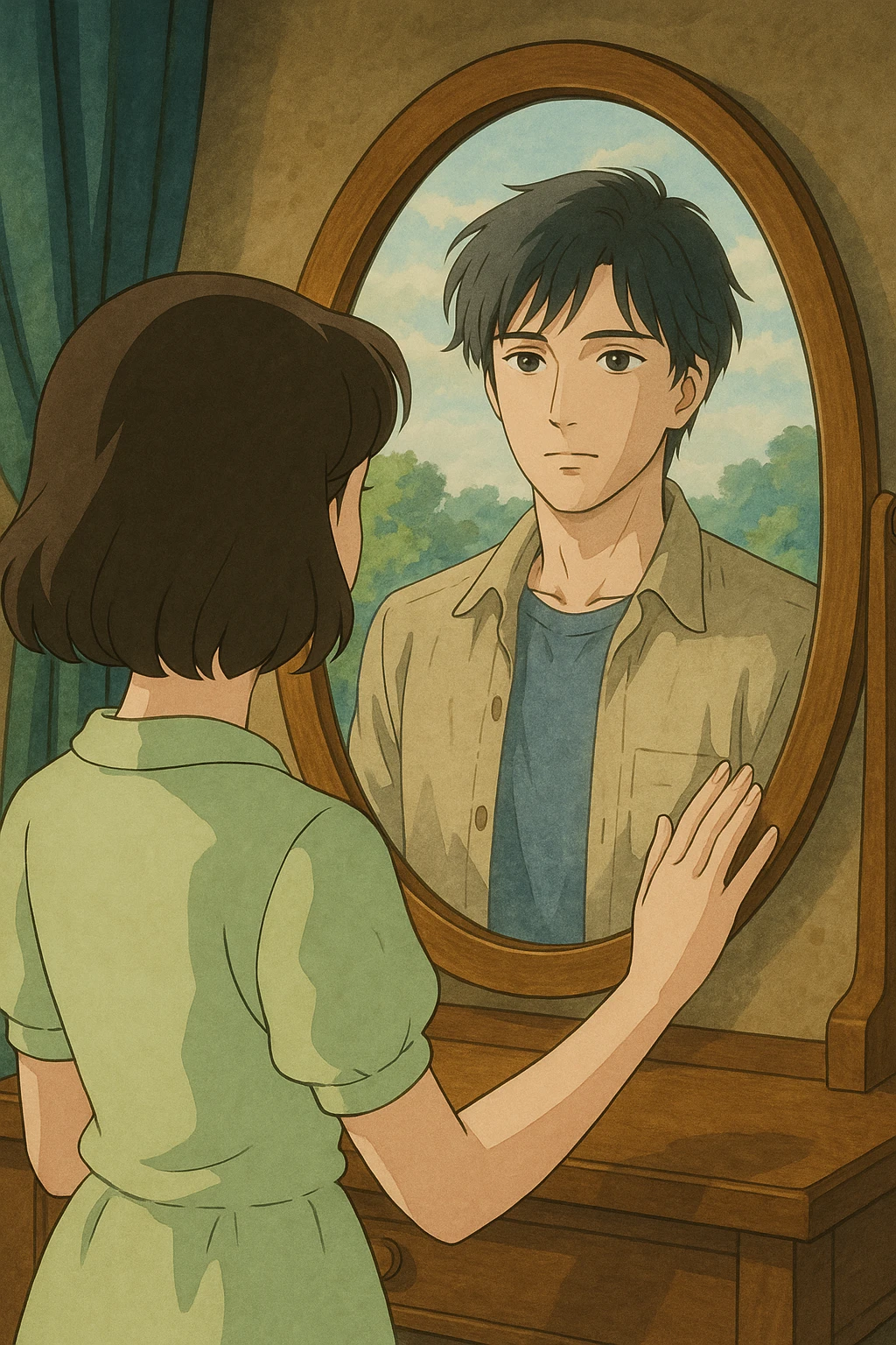 A woman gazing into a mirror, her reflection replaced by a man standing on the other side, in a different artistic style, detailed, soft colors, anime inspired emoji