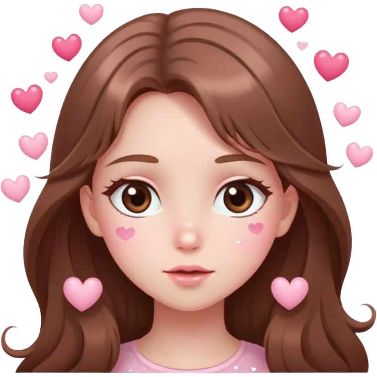 Girl with long brown hair blushing with sparkly eyes and little hearts floating around cartoon style cute delicate pale pink emoji