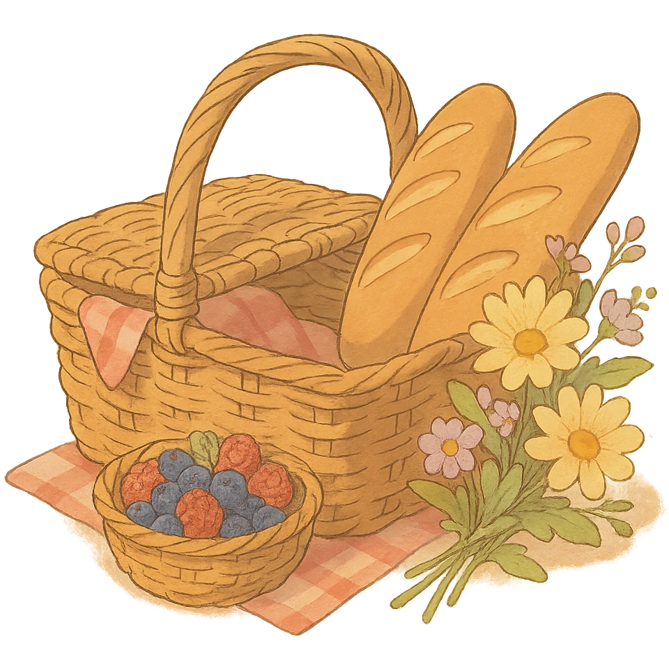 picnic basket with berries, bread, and flowers in warm pastel shades, soft Ghibli style emoji