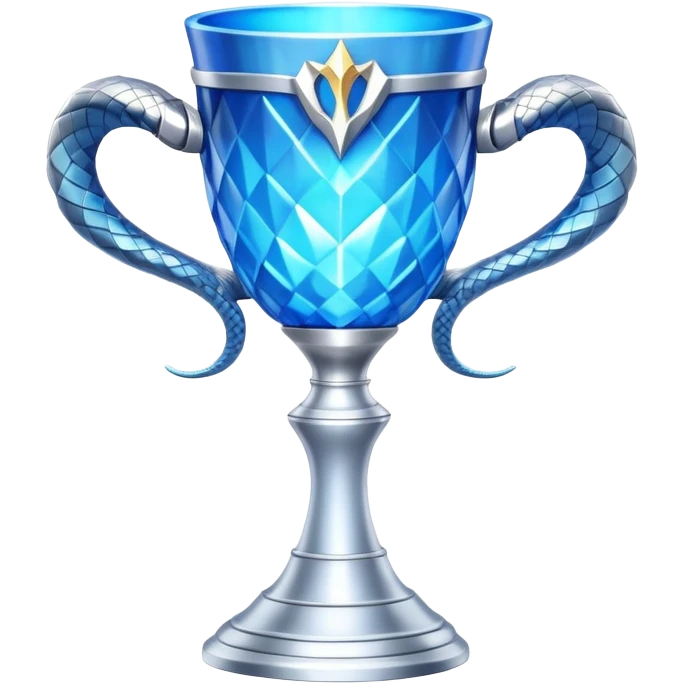 movie-accurate Triwizard Cup trophy from Harry Potter, identical to film prop, wide silver goblet with angular geometric facets, two large curved silver snake handles on opposite sides, bright ethereal blue glow emoji