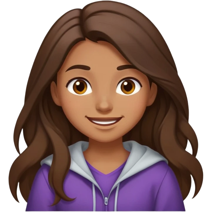 A girl with brown long hair, brown eyes and medium swarthy skin, raises one eyebrow and laughs in wide clothes  emoji