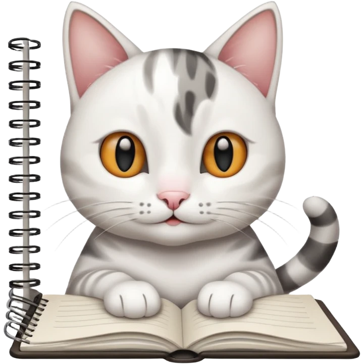 gatita feliz blanca con manchas negras atigradas viendo una libreta anillada  emoji
