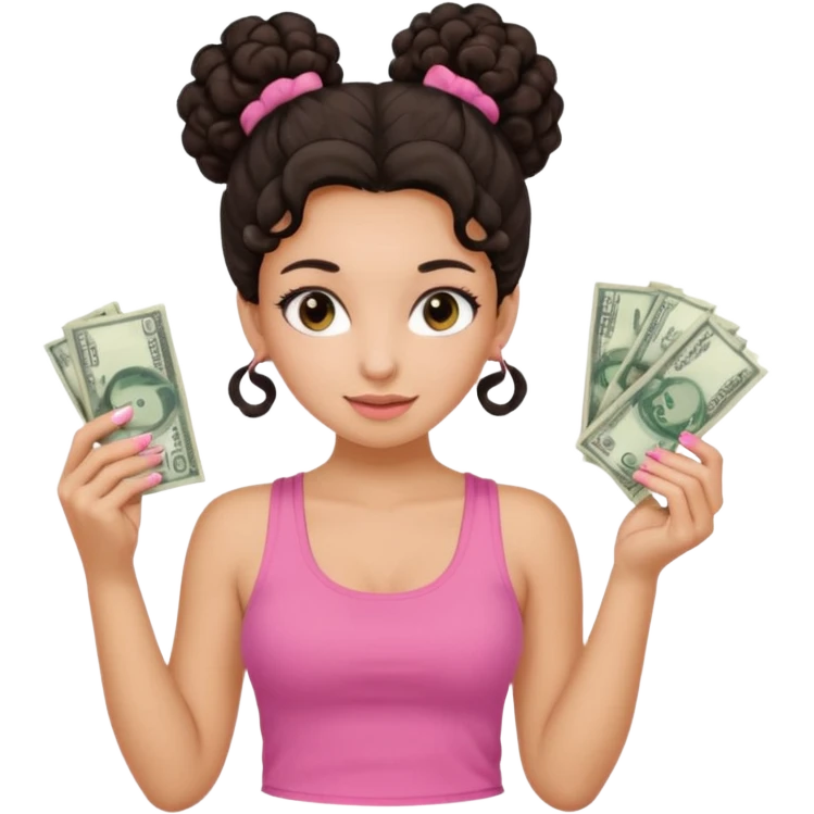 Uma menina com o cabelo cacheado com um Coque morena, e com uma regata rosa com unha em gel, é com Baby hair ,e com dinheiro na mão , emoji