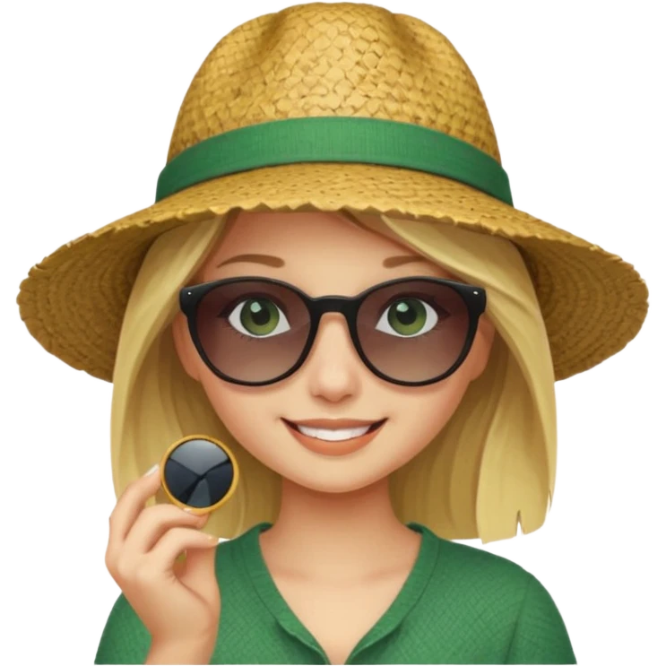 blonde girl in dark green straw hat adjusting sunglasses emoji