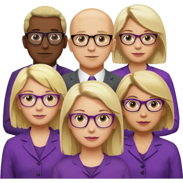 FIVE person team; 2 men and 3 women.  All dressed in yellow or purple.  
1 caucasian woman with blonde mid length hair
1 caucasian woman has ash blonde hair tied up.  
1 man is African-american and bald
1 man is caucasian and very little hair left.  
All have glasses emoji