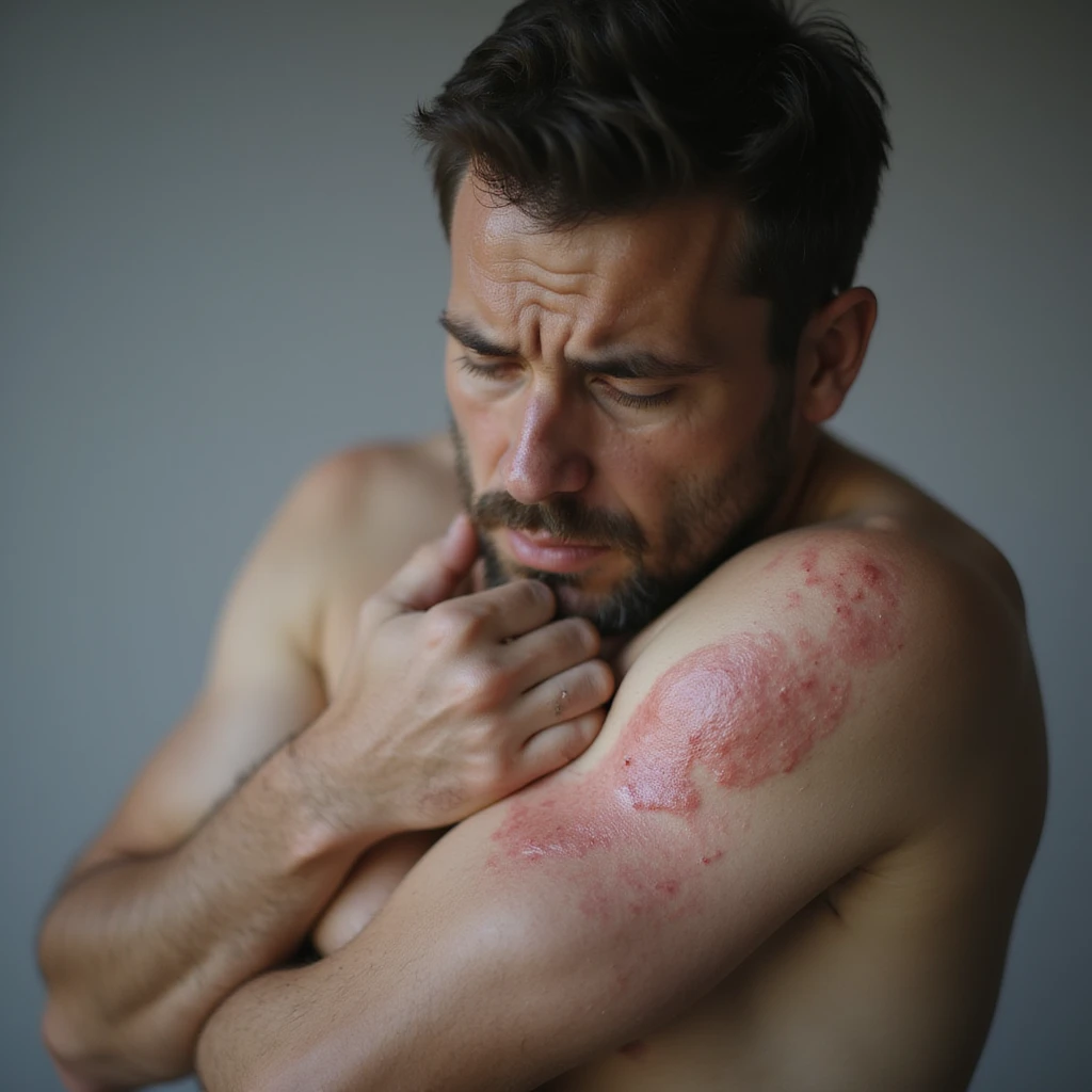 realistic man with inflamed rash on upper arm, looking at it with concern, soft lighting, neutral background, medical realism, dermatology focus, 4K emoji