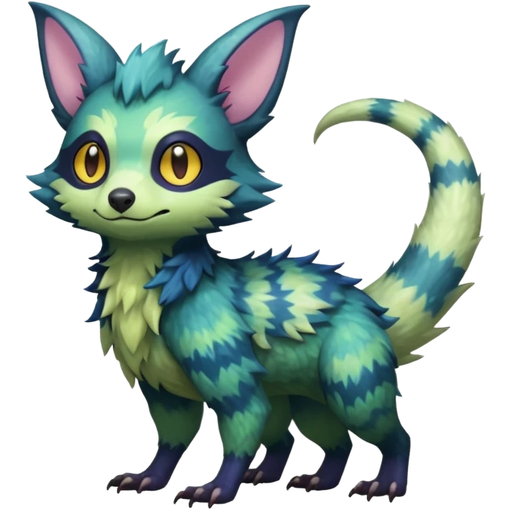 Realistic Sharp mossy elemental detailed Colorful translucent luminescent glowing Trico-Noibat-batty-Sergal-Furret-Ferret-Wolverine-Vernid-furry-fursona-fusion-Fakemon-animal-hybrid-creature, full body emoji