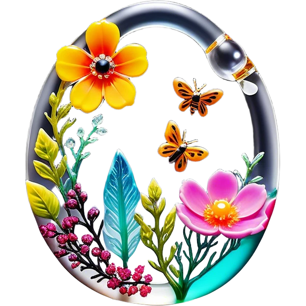 Create an icon that represents decorative arts using epoxy resin. The design should feature colorful tubes of resin, including fluorescent resin tubes, with visible drops or strokes of resin being applied to create intricate designs. Include finished resin jewelry pieces, such as pendants or rings, containing preserved flowers and insects encased in clear resin. The composition should feel vibrant, artistic, and delicate, showcasing the unique beauty of resin art with natural elements. The background should be transparent emoji