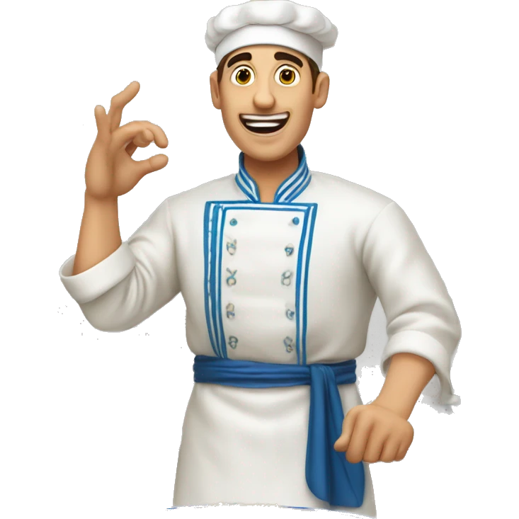 A cook making a French gesture with his hands about taste in a national Uzbek costume with a huge plate of Uzbek pilaf in his hands emoji