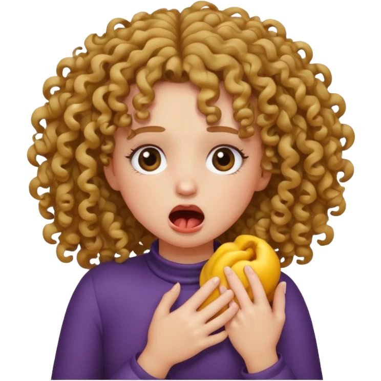 A girl with curly hair pretending to choke herself emoji