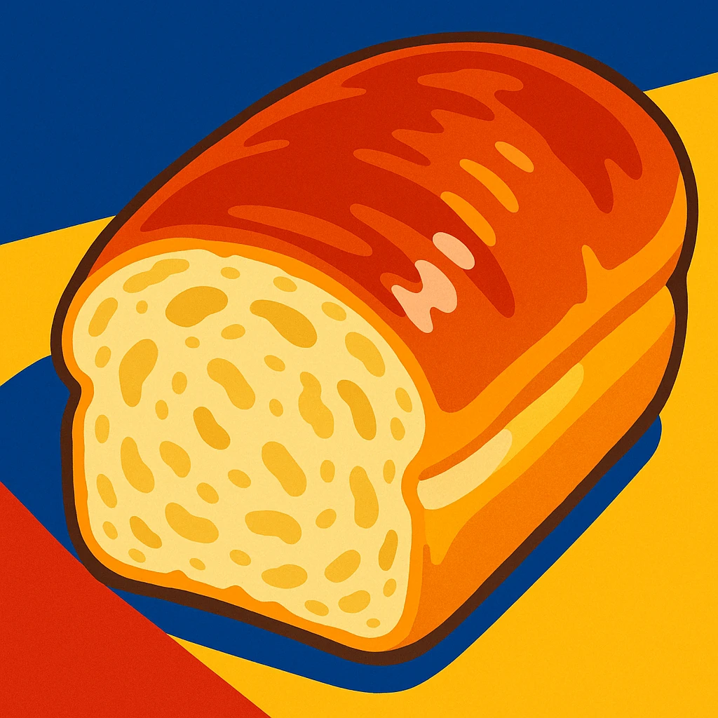 A close-up of a Brioche Pasquier pain au lait, showing its pillowy interior and glossy crust, in a vibrant, mouthwatering illustration. emoji