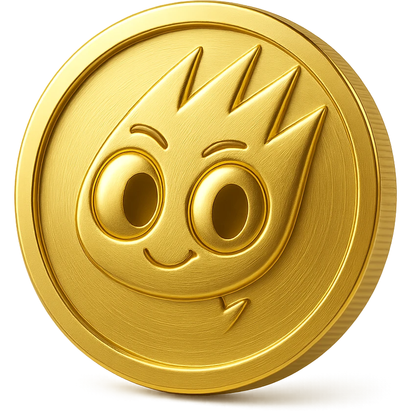 Create a simple flat gold coin with a thin rim, transparent background, no shadows. Feature only the mascot's head from the provided image in gold, centered. No neck or extra details, just the head. Style matches previous option 3 (gold objects style). emoji