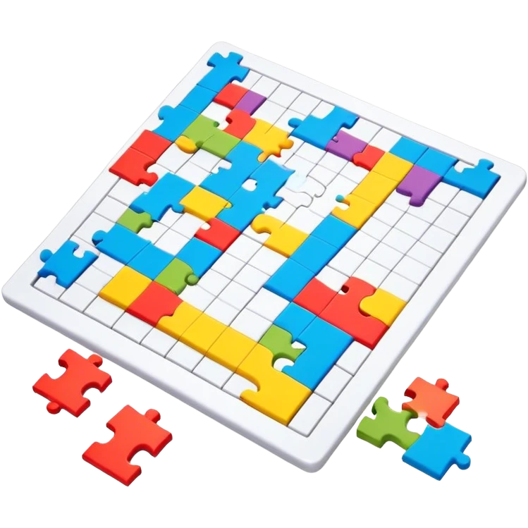 A colorful puzzle piece, a crossword magazine, a 3D puzzle, and a partially completed puzzle picture on a table. Bright colors, minimalist design, modern style. Transparent background, suitable for puzzles and brain games. emoji