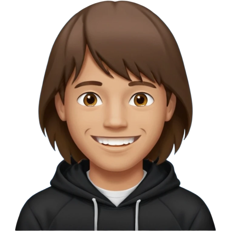 20 yr old man, brown hair, straight, big smile, white teeth, tanned skin, bangs, black hooded sweatshirt, long hair in back, center-parted bangs emoji