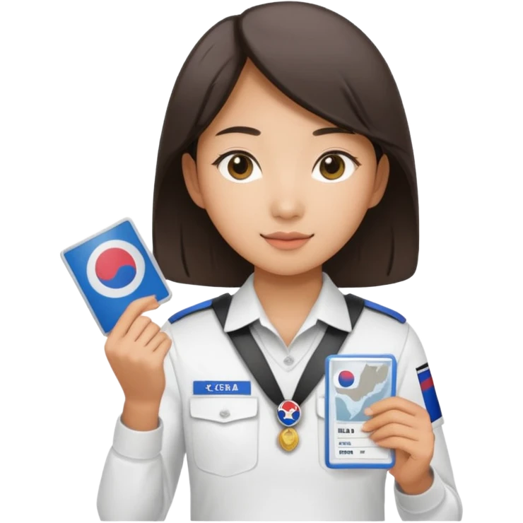 A young Asian guide holding her tour license in both hands, wearing a white shirt with the South Korea badge on her chest. emoji