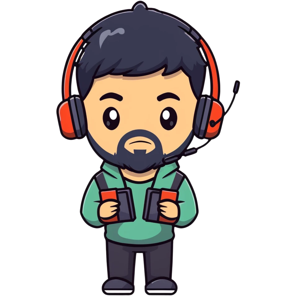 Anime-style character with black hair, brown eyes, black beard, and gaming headset, Japanese animation style emoji
