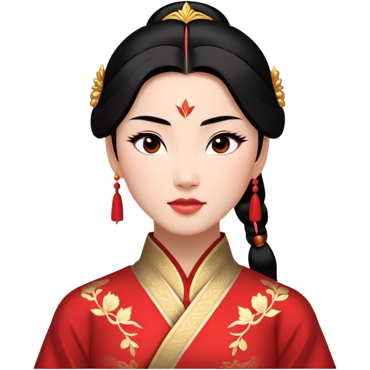 Cinematic Majestic Mulan Portrait Emoji, rendered in a clean, vector-style with bold, simplified shapes. Depict Mulan with a serene, noble expression, warm light skin, and neatly styled black hair, dressed in traditional attire featuring subtle red motifs and gold trim. The image glows with a calm, majestic aura, high shine, and a soft glowing outline, embodying classic elegance. emoji