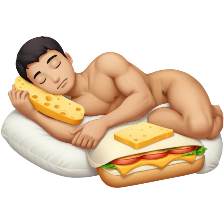 Buff Asian male sleeping with cheese sandwich as pillow emoji