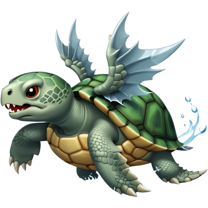 A fierce turtle with sharp spikes on its shell, dragon wings, sharp fangs, fierce claws, shooting a powerful water jet and steam from its mouth emoji