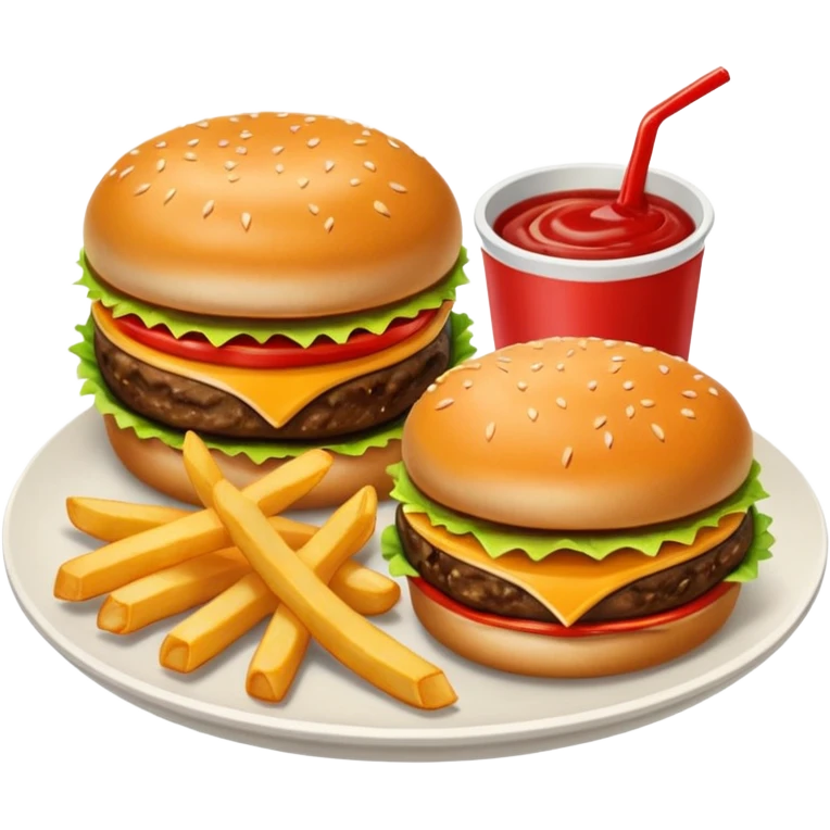 i want a Cheeseburger and Fries with a angle to 15–20° gentle bird’s-eye angle with 2 sauce round plate one is white and other is red with some fries thicker like mcdonald's emoji