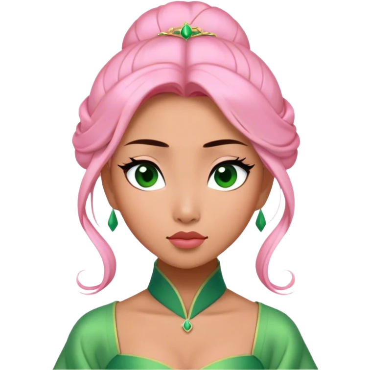 Cinematic Elegant Mulan Portrait Emoji, Dressed in her delicate green matchmaker gown, soft pink makeup, hair pinned perfectly, looking wistful yet radiant, eyes reflecting the depth of her spirit, capturing both her beauty and inner strength! emoji